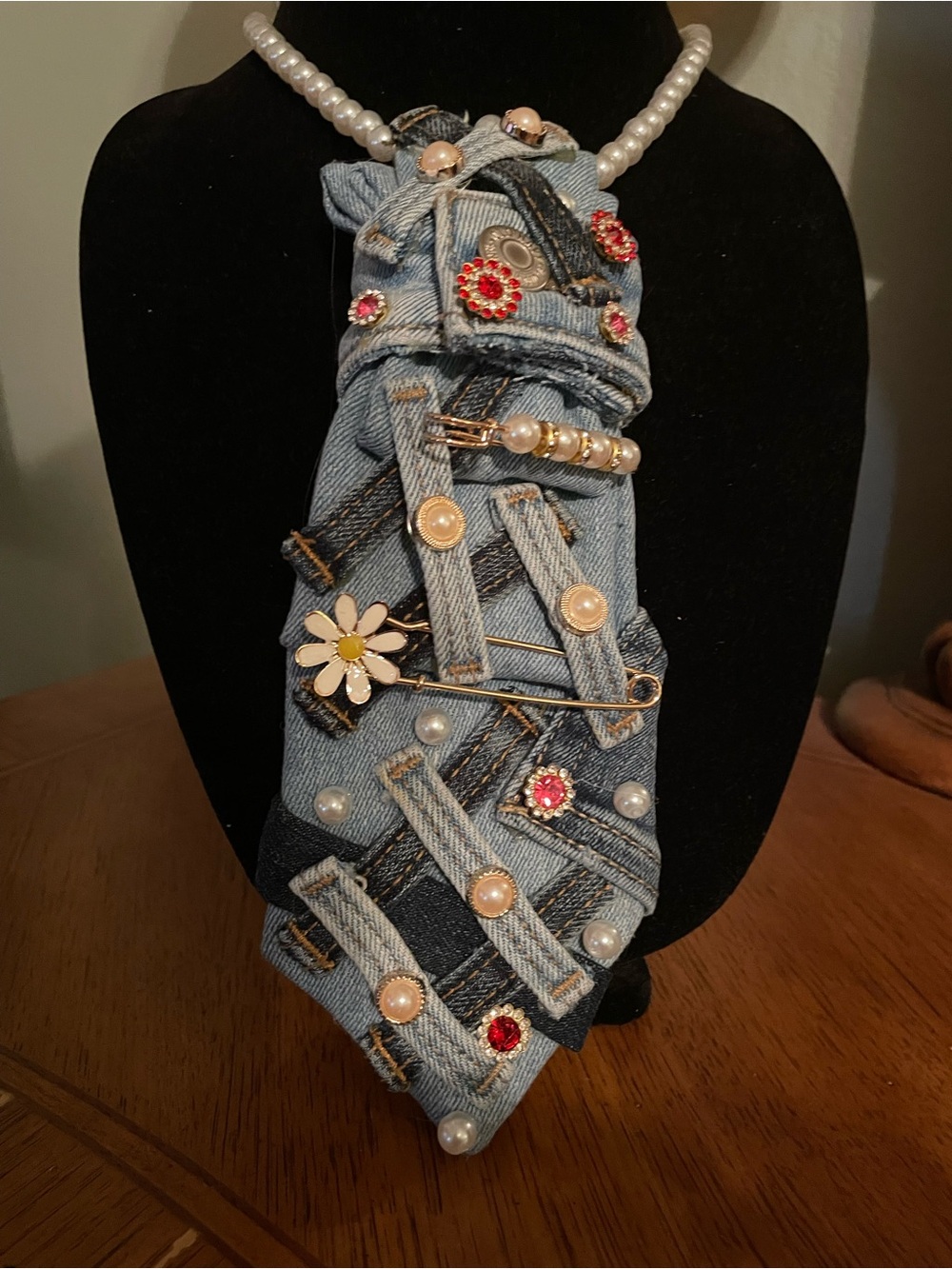 Denim Statement Necklace with Pearl and Floral Accents - Blue